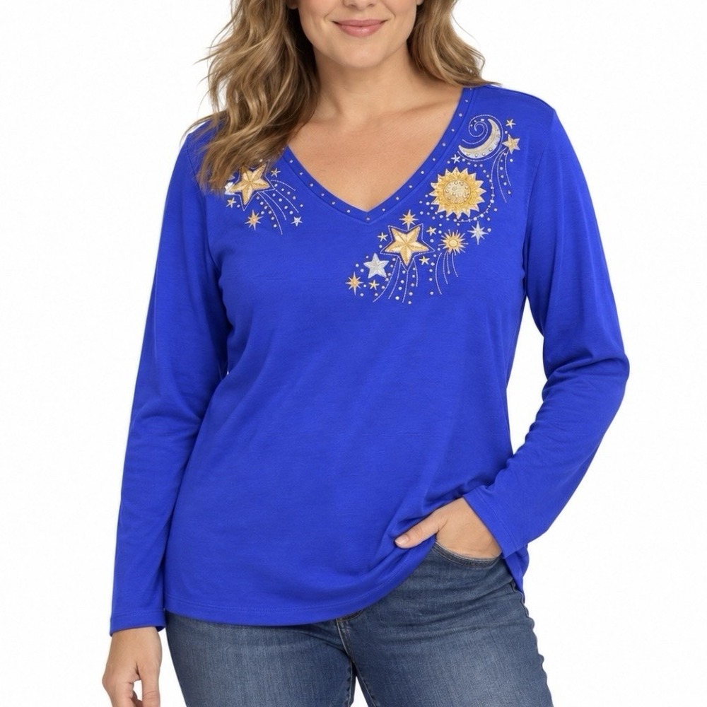 Quacker Factory Blue Moon Stars Celestial Whimsy Embroidery Knit Top LARGE